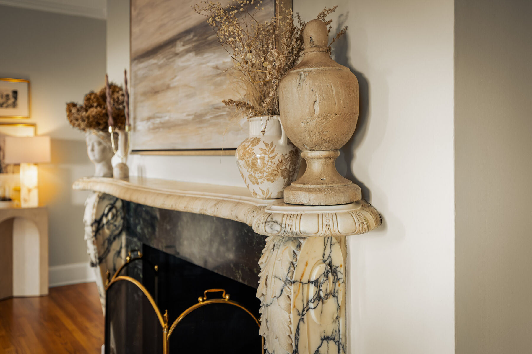 Carved stone fireplace detail