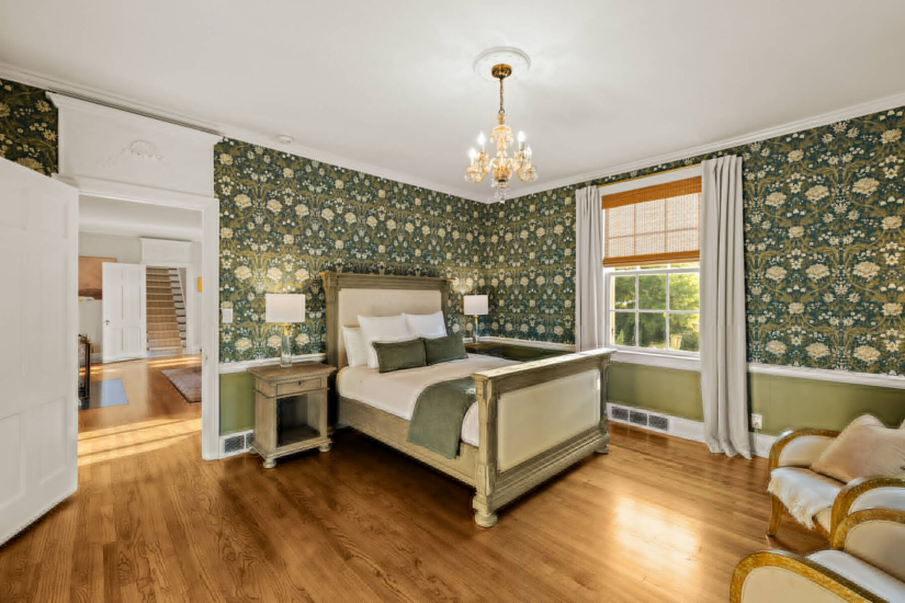 Bedroom with heritage wallpaper