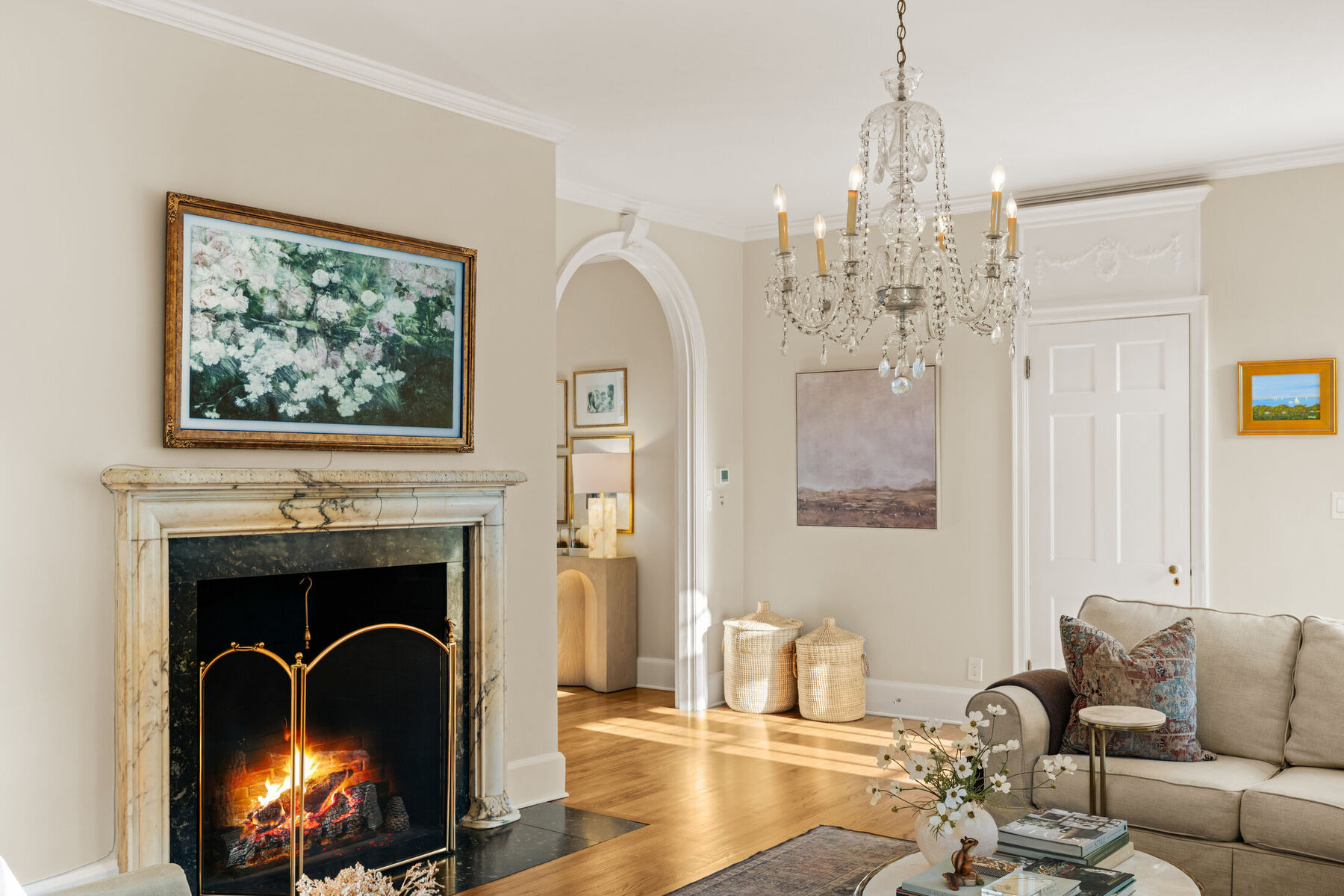 Living room with fireplace and French doors