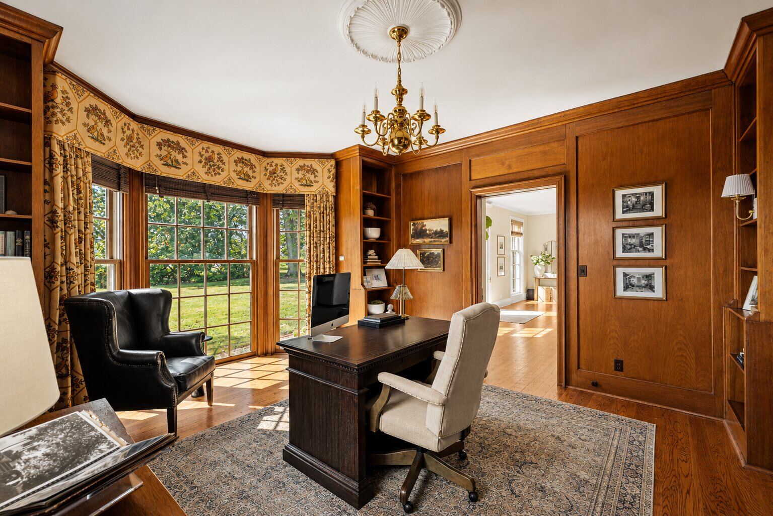 Paneled study filled with sunlight